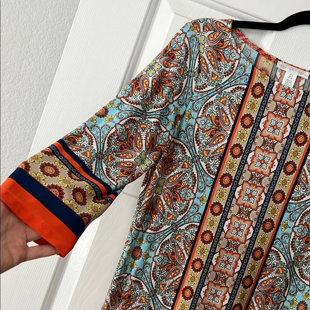 Vibrant London Times Blue and Orange Sheath Dress with Crew Neck - Picture 3 of 5